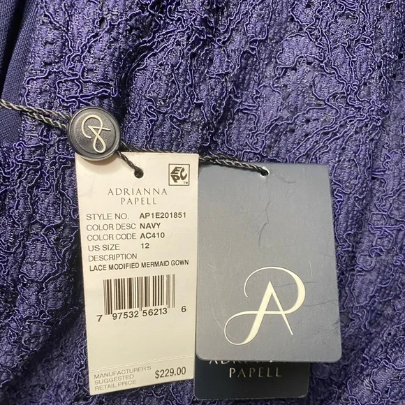 NWT Adrianna Papell Navy Blue Lace Modified Long Mermaid Formal Illusion Gown - Picture 4 of 4